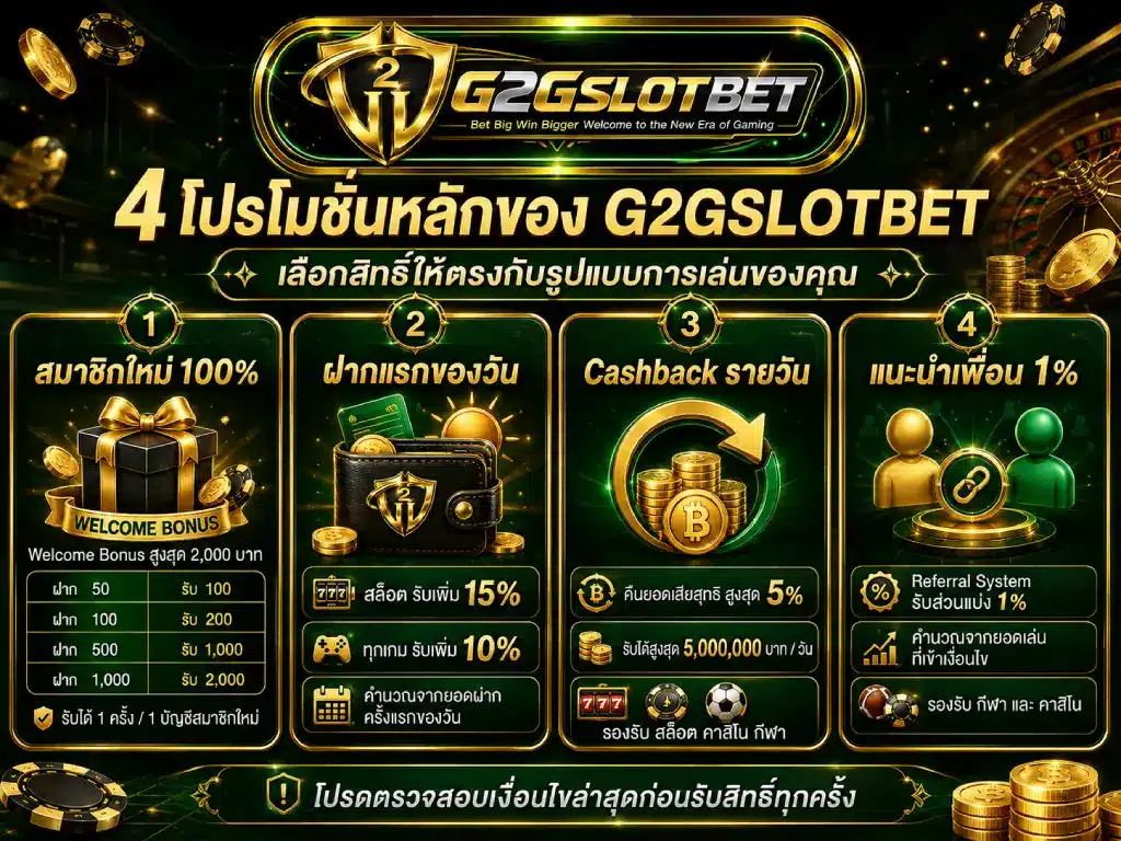 4 โปรโมชั่นหลักของ G2GSLOTBET โบนัสสมาชิกใหม่ ฝากแรกของวัน Cashback และแนะนำเพื่อน