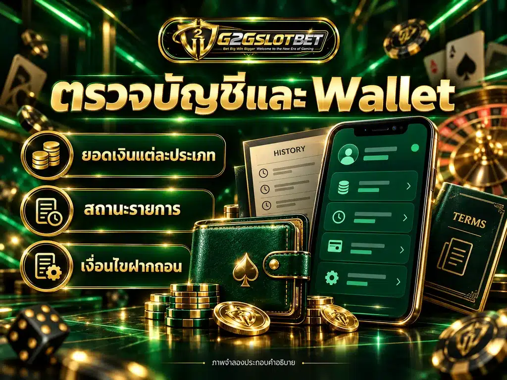 บัญชี Wallet บนมือถือ พร้อมหัวข้อยอดเงิน สถานะรายการ และเงื่อนไขฝากถอน