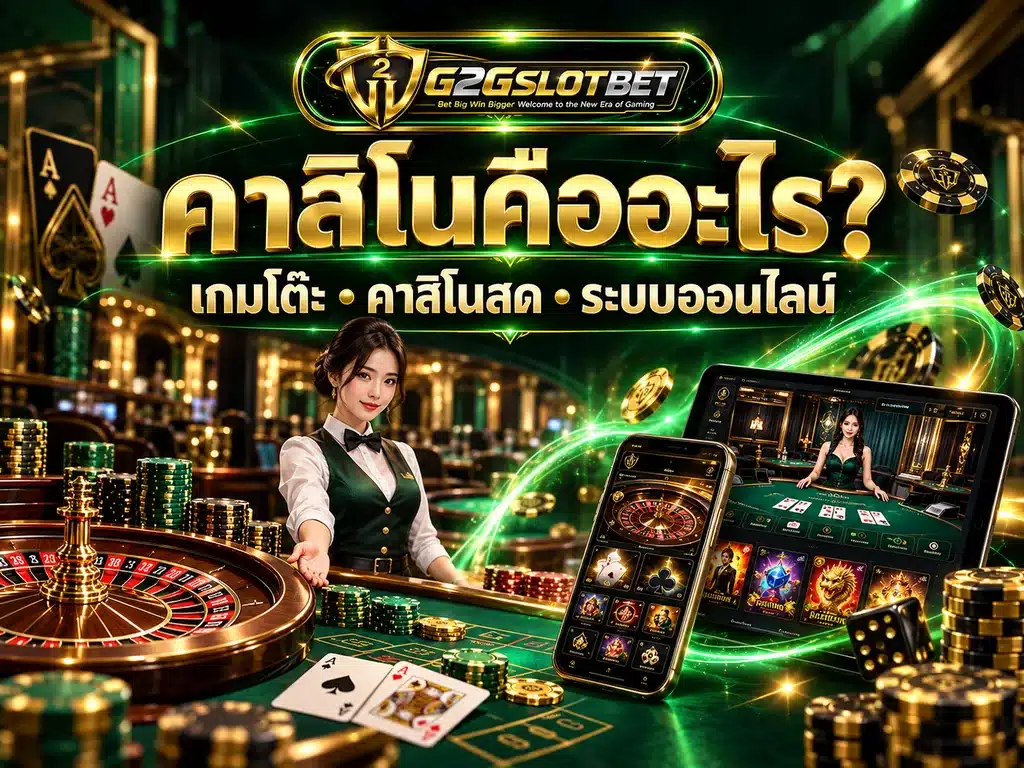 ภาพประกอบความหมายของคาสิโน แสดงดีลเลอร์ โต๊ะรูเล็ต และเกมบนมือถือกับแท็บเล็ต