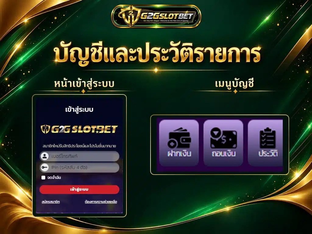 หน้าเข้าสู่ระบบ G2GSLOTBET และเมนูฝากเงิน ถอนเงิน และประวัติจากหน้าจอจริง