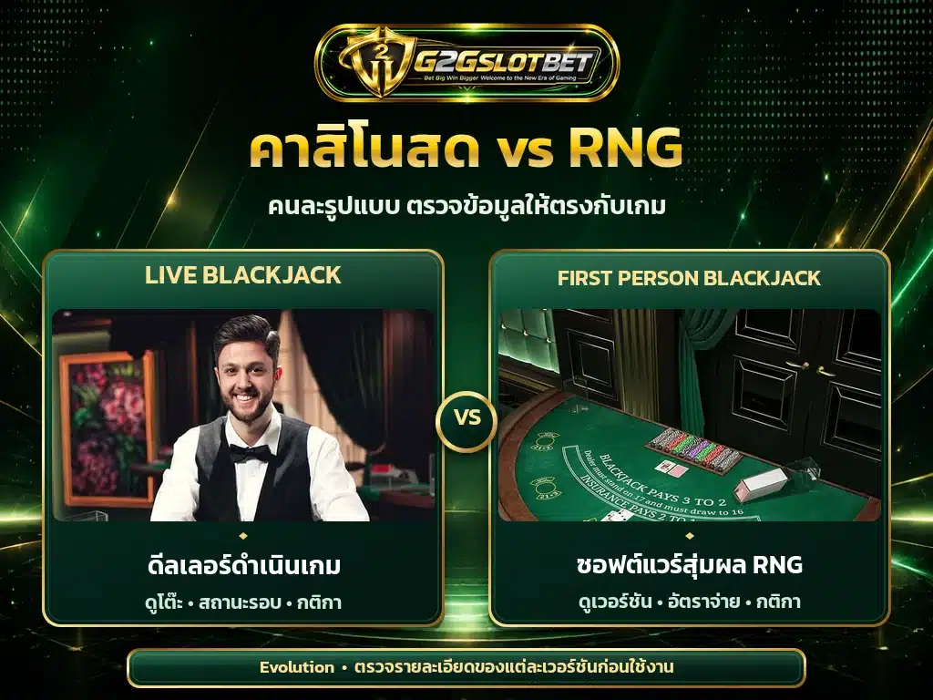 เปรียบเทียบ Live Blackjack กับ First Person Blackjack ระบบ RNG ของ Evolution